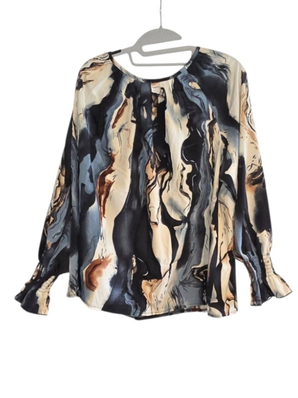 Marble Print Blouse Smocked Ruffle Cuffs Abstract Artsy Shirt Plus Sz 1XL Bold